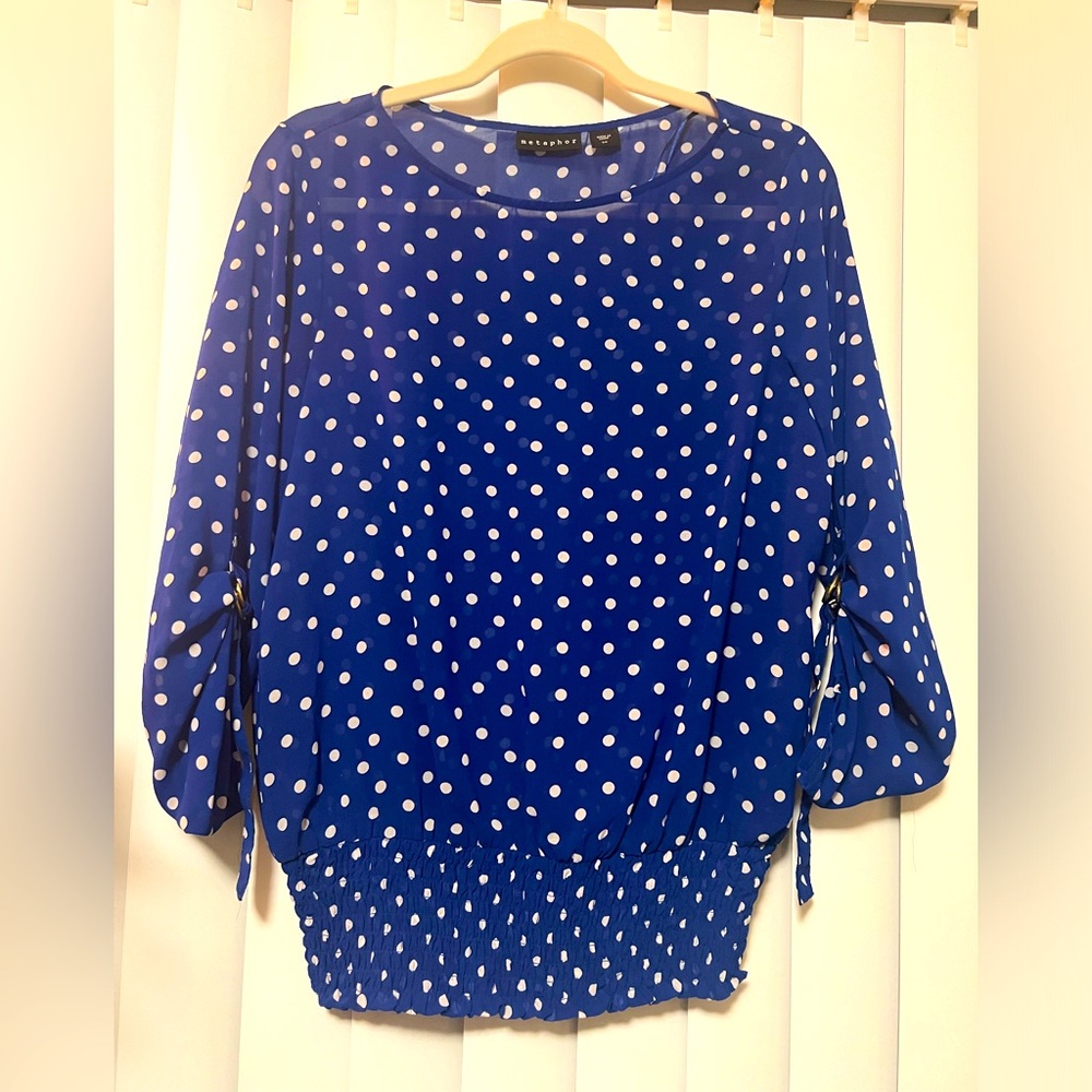 Metaphor extra small vintage sheer blouse, royal blue white polka dot 3/4 sleeve